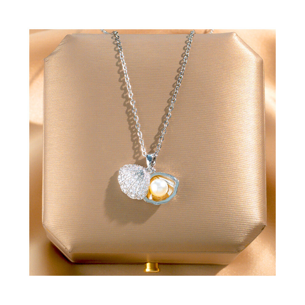 (X576 Silver - Pearl Shell) A light luxury design silver titanium steel necklace, versatile collarbone chain and high-end neck chain