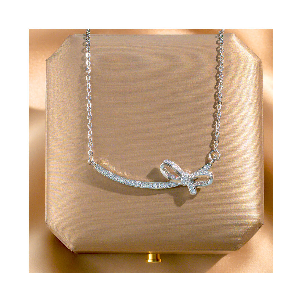 (X588 Silver - Smiling Bow) A light luxury design silver titanium steel necklace, versatile collarbone chain and high-end neck chain