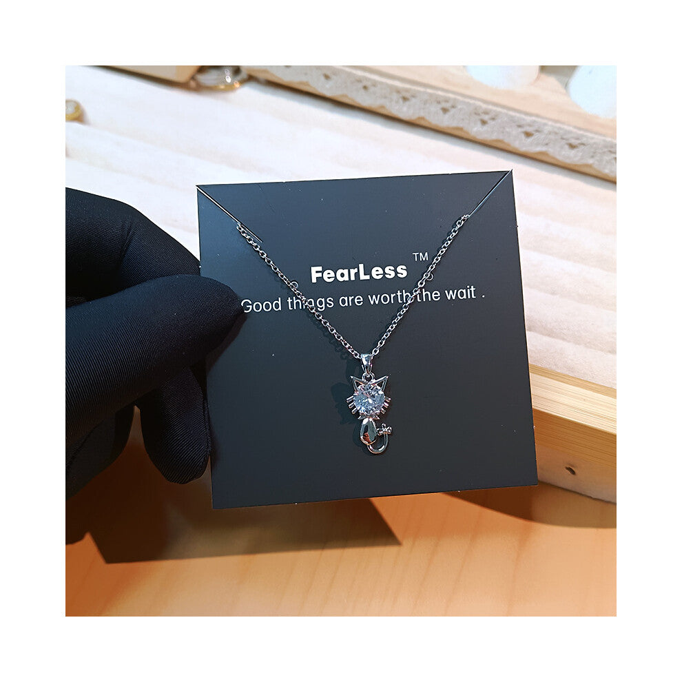(X600 Silver - Cat) A light luxury design silver titanium steel necklace, versatile collarbone chain and high-end neck chain