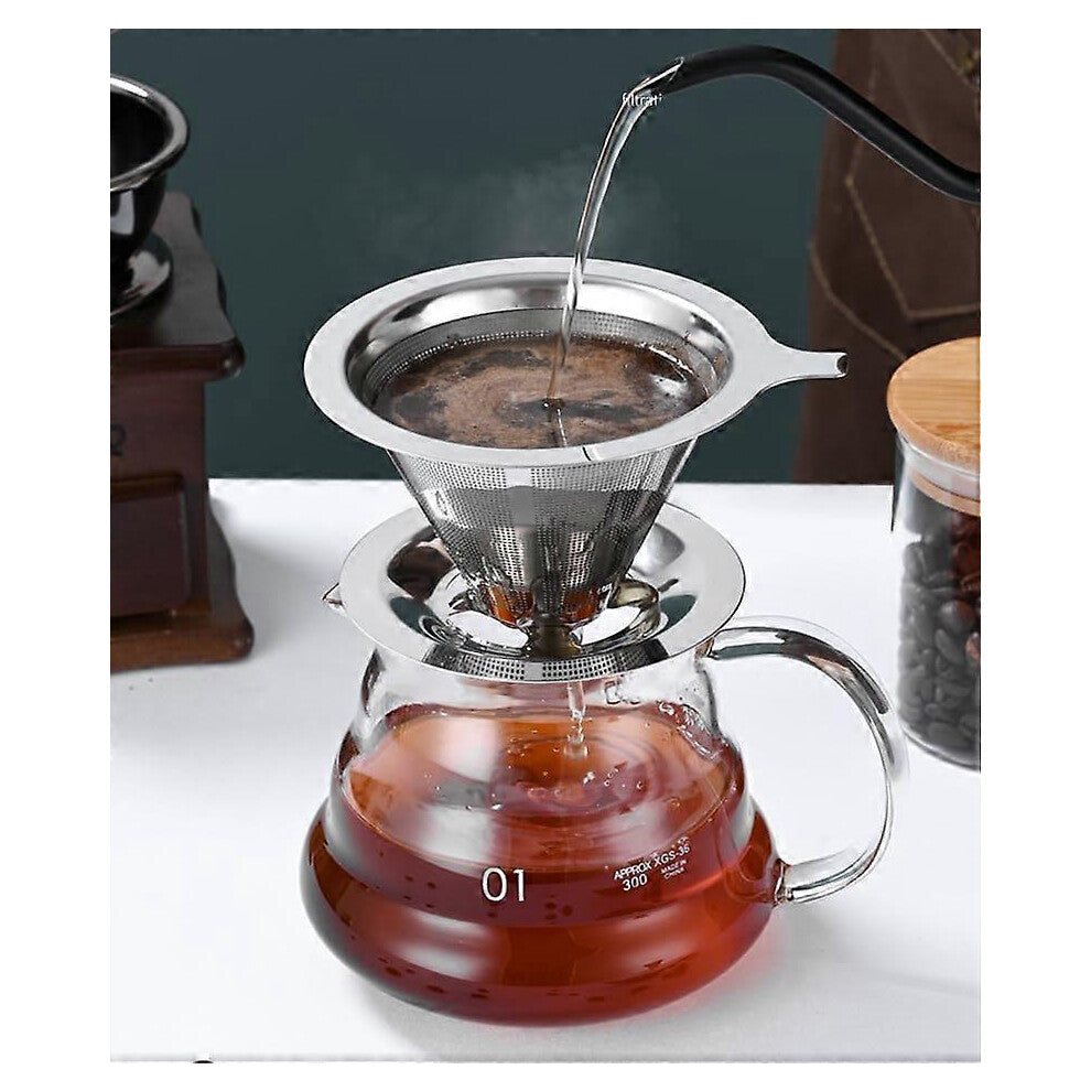 (As show, One size) Pour Over Coffee Filter Double Layer Stainless Steel Reusable Coffee Dripper Paperless Drip Cup Coffee Maker Large 4-6 Cup