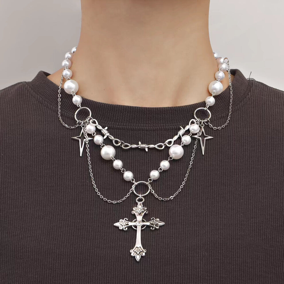 (Cross Necklace X4172) The extended version of the multi-layered cross pearl necklace exudes a niche, light luxury and high-end collarbone chain