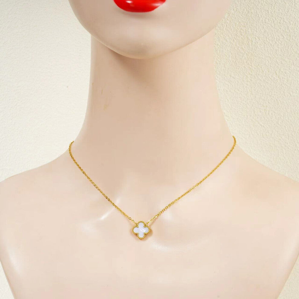 (white) Four-leaf clover collarbone chain V-shaped versatile necklace, double-sided 18K stainless steel, light luxury and niche gift for your girlfrie