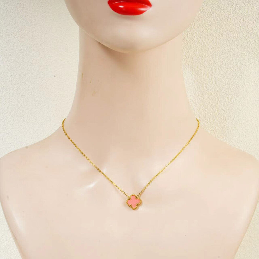 (pink) Four-leaf clover collarbone chain V-shaped versatile necklace, double-sided 18K stainless steel, light luxury and niche gift for your girlfrien