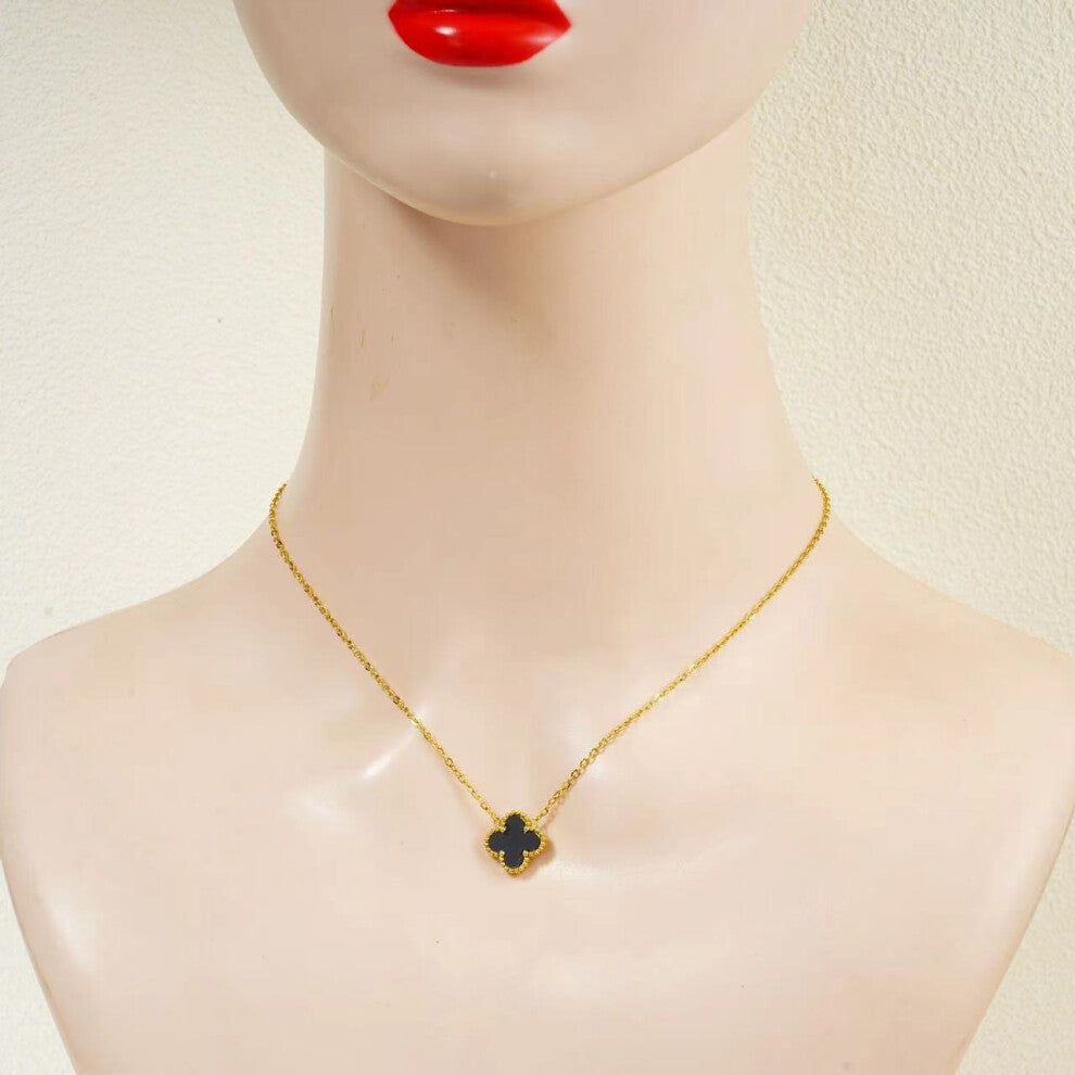 (black) Four-leaf clover collarbone chain V-shaped versatile necklace, double-sided 18K stainless steel, light luxury and niche gift for your girlfrie