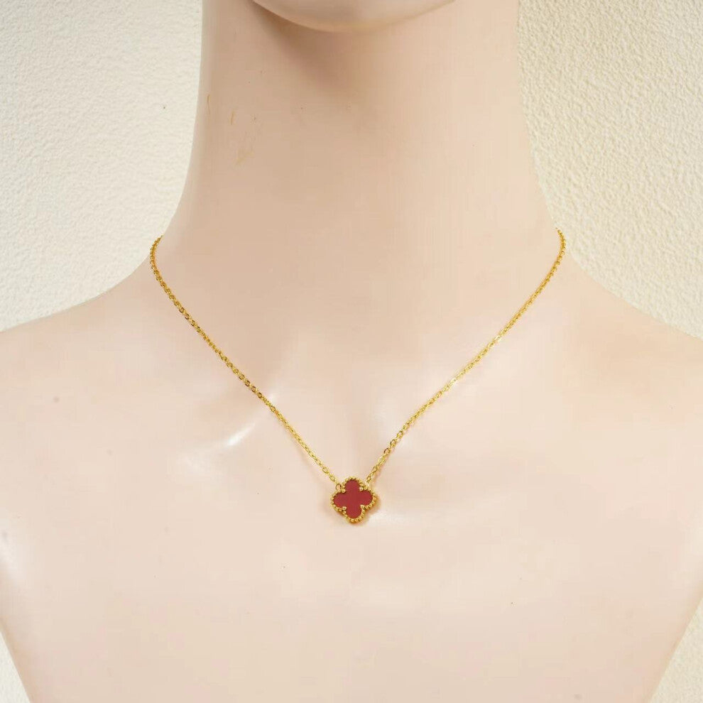 (red) Four-leaf clover collarbone chain V-shaped versatile necklace, double-sided 18K stainless steel, light luxury and niche gift for your girlfriend