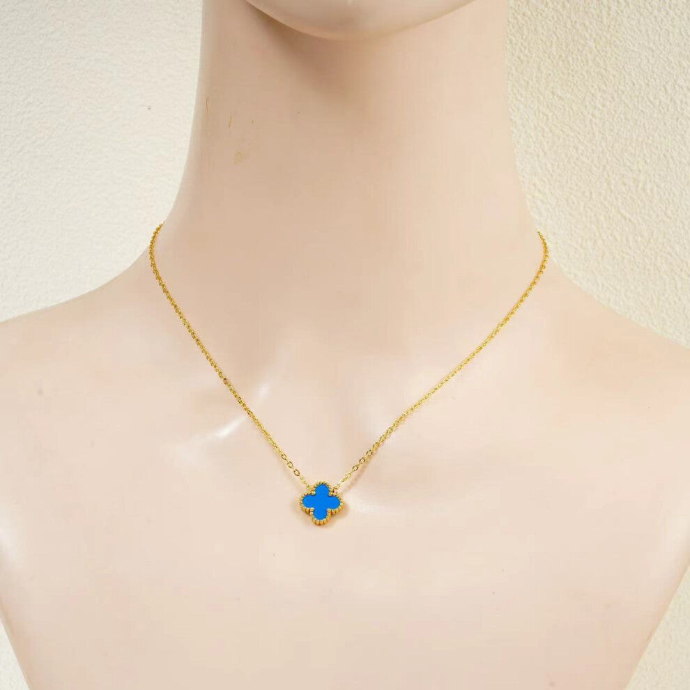 (blue) Four-leaf clover collarbone chain V-shaped versatile necklace, double-sided 18K stainless steel, light luxury and niche gift for your girlfrien