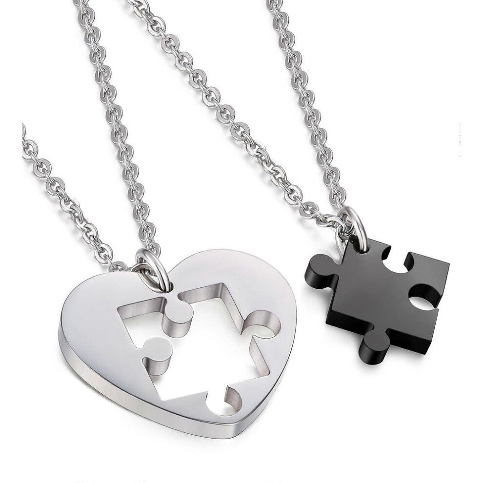 Stainless Steel Necklace For Men Women Chain Set For Couples Puzzle Black Pendant Heart