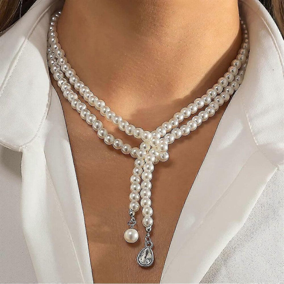 Women Crystal Pendant Necklacelayered Pearl Choker Jewelry