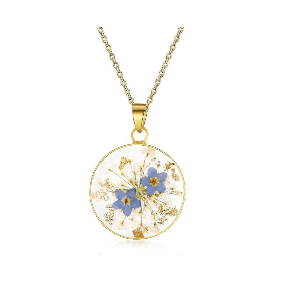 Gold-Plated Handmade Necklace with Pressed Forget-me-not and Carrot Flower Petals Featuring Real Flowers
