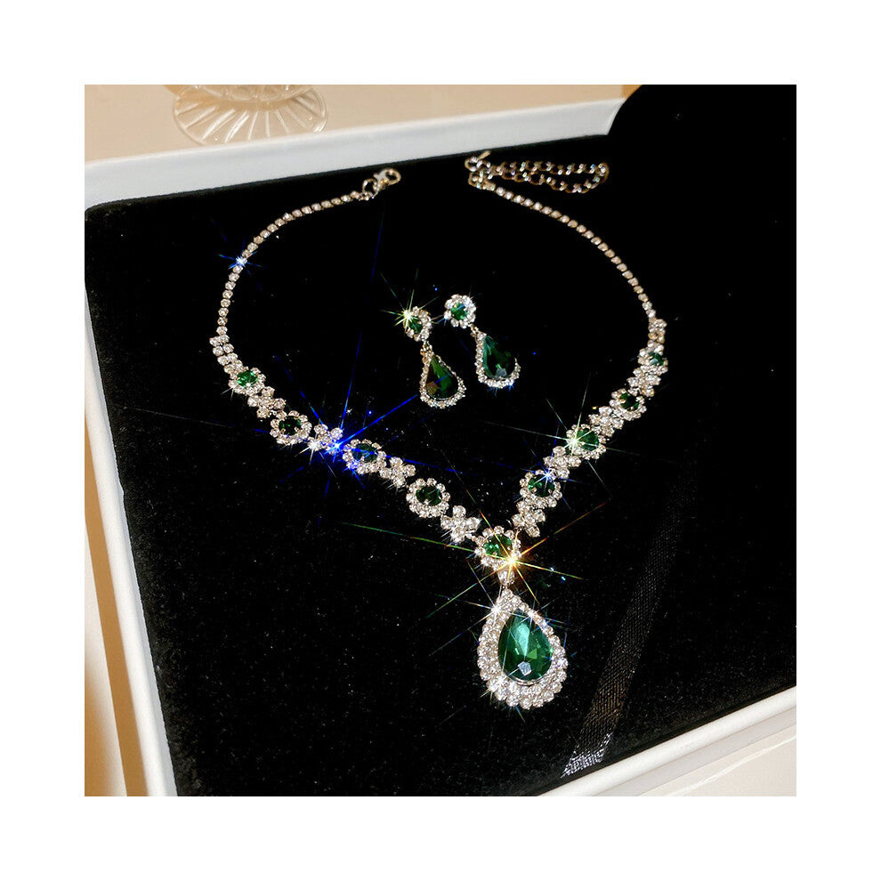 (Green ) Water Droplet Studded Diamond Earrings Necklace Light Luxury Fashion Pendant Collarbone Chain Women High-end Accessory