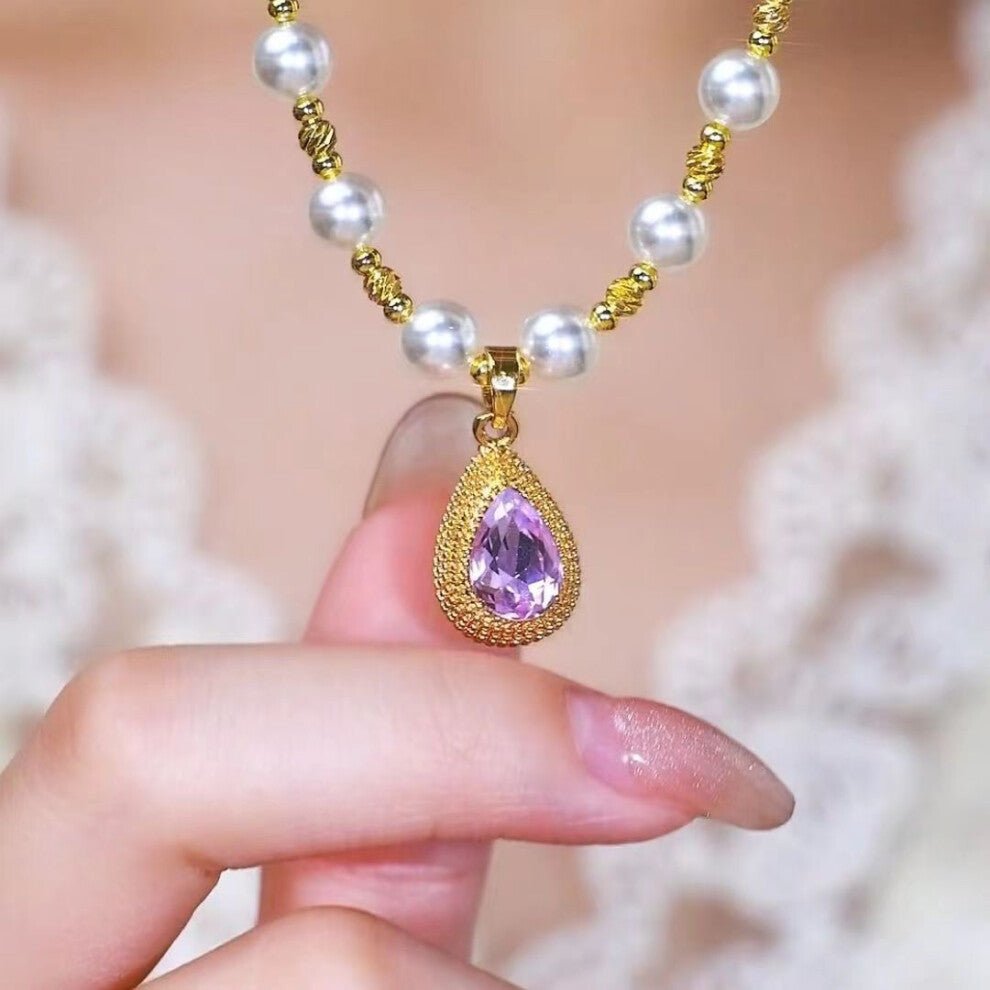 (Durian Pearl Necklace) Women French Purple Pearl Necklace Light Luxury Simple Violet Pendant Elegant Design Water Droplet Collarbone Chain