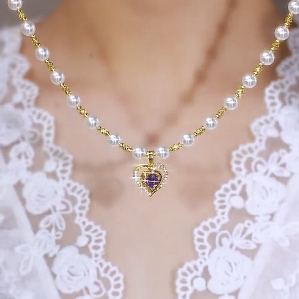 (Love Pearl Necklace) Women French Purple Pearl Necklace Light Luxury Simple Violet Pendant Elegant Design Water Droplet Collarbone Chain