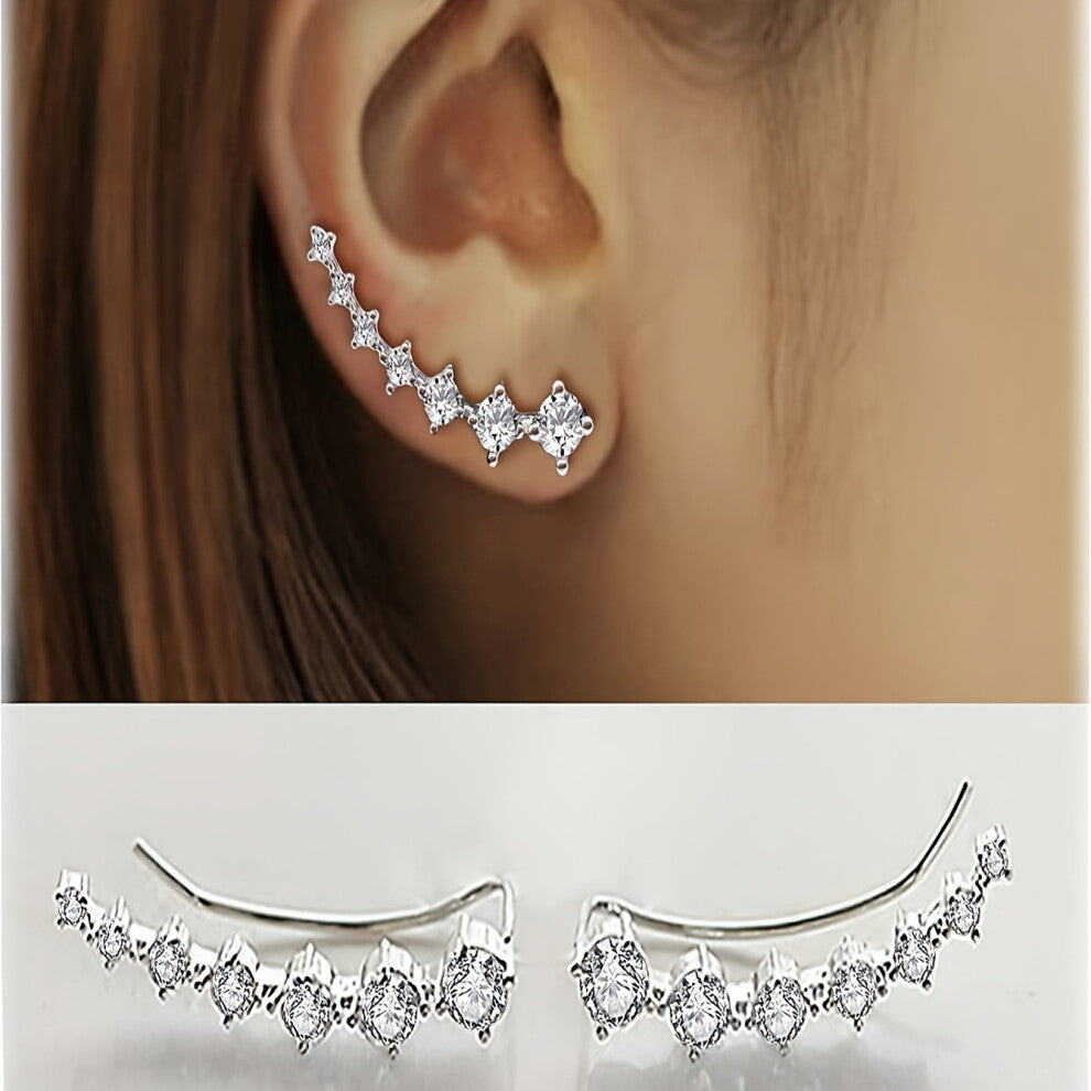 7 Crystals Ear Cuffs Hoop Climber Sterling Silver Earrings Hypoallergenic Earring