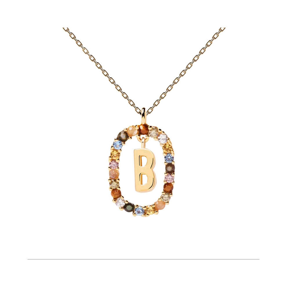 (B) Spanish letter necklace for women, European and American fashion, light luxury, high-end feel, versatile collarbone chain, colored zircon pendant