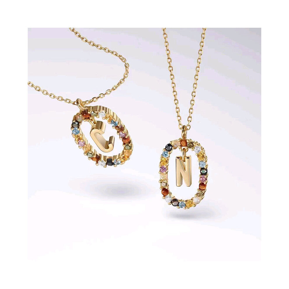 (C) Spanish letter necklace for women, European and American fashion, light luxury, high-end feel, versatile collarbone chain, colored zircon pendant