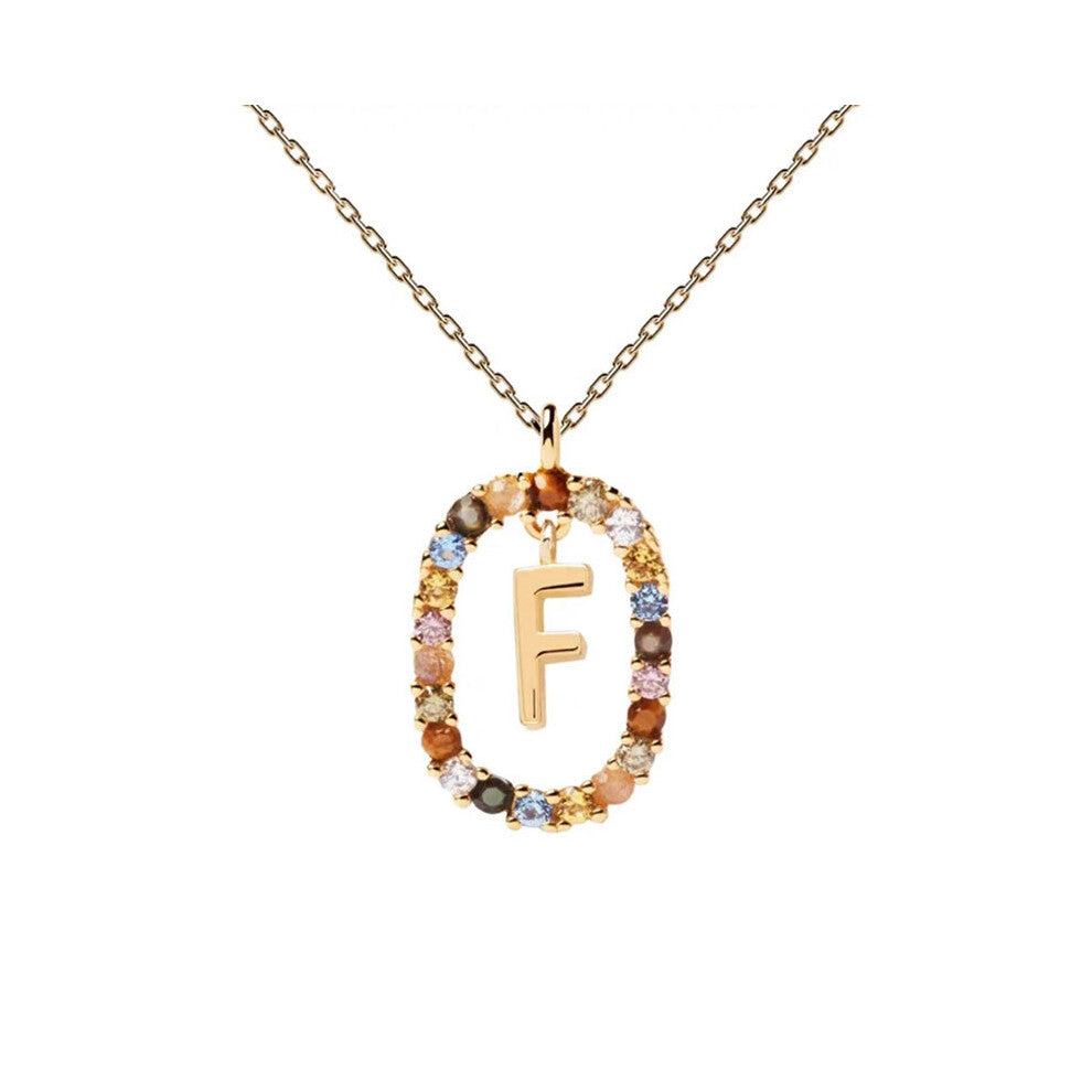 (F) Spanish letter necklace for women, European and American fashion, light luxury, high-end feel, versatile collarbone chain, colored zircon pendant