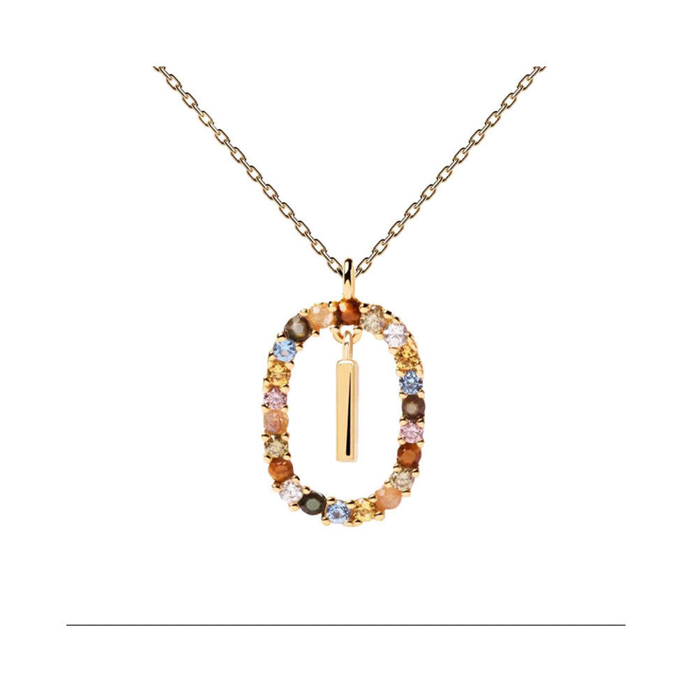 (I) Spanish letter necklace for women, European and American fashion, light luxury, high-end feel, versatile collarbone chain, colored zircon pendant