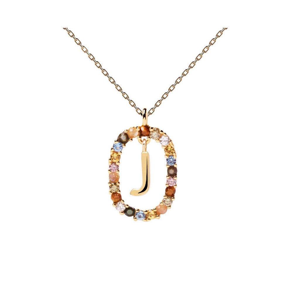 (J) Spanish letter necklace for women, European and American fashion, light luxury, high-end feel, versatile collarbone chain, colored zircon pendant
