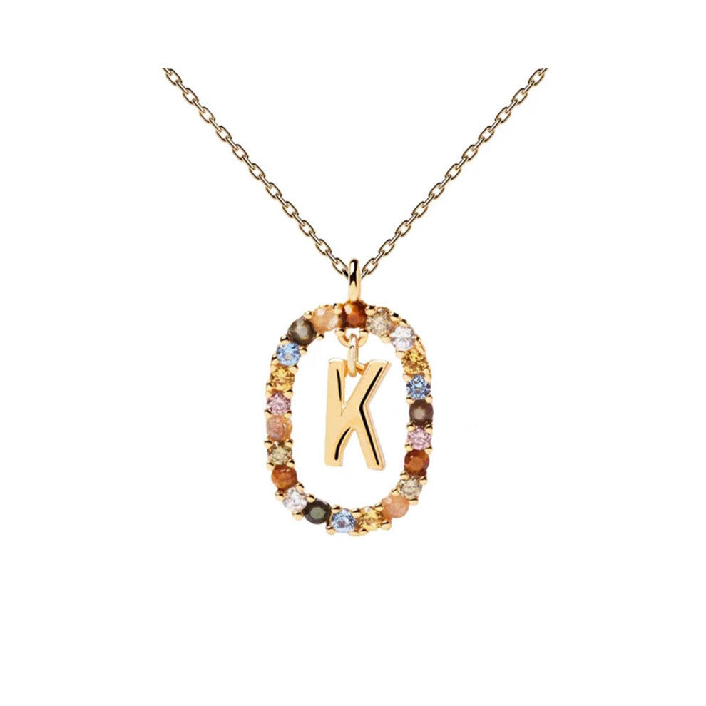 (K) Spanish letter necklace for women, European and American fashion, light luxury, high-end feel, versatile collarbone chain, colored zircon pendant