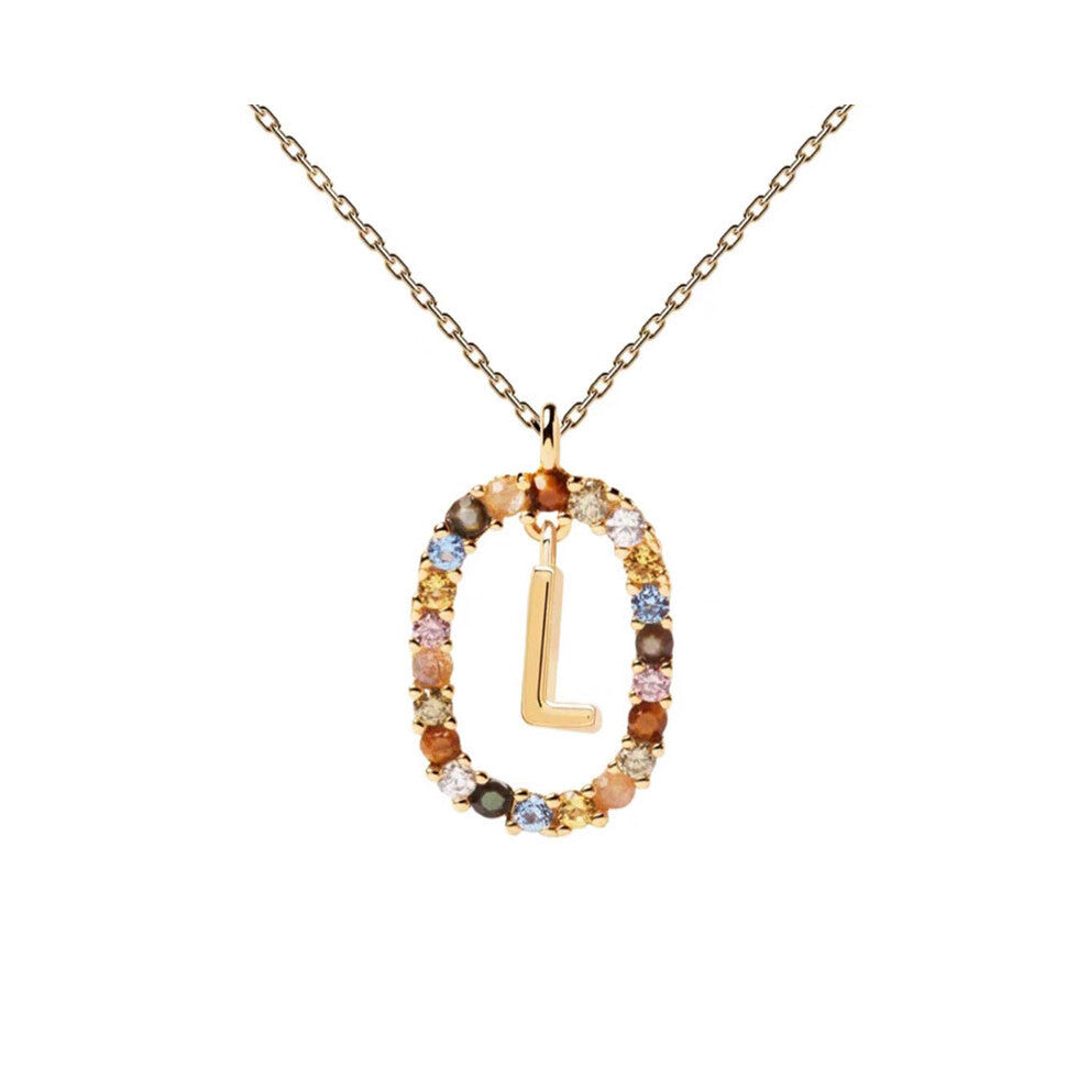 (L) Spanish letter necklace for women, European and American fashion, light luxury, high-end feel, versatile collarbone chain, colored zircon pendant