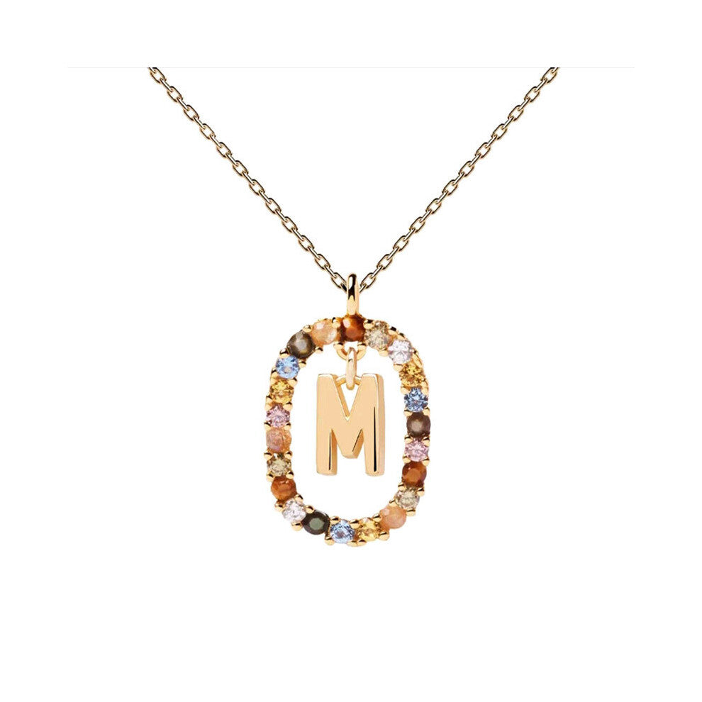 (M) Spanish letter necklace for women, European and American fashion, light luxury, high-end feel, versatile collarbone chain, colored zircon pendant