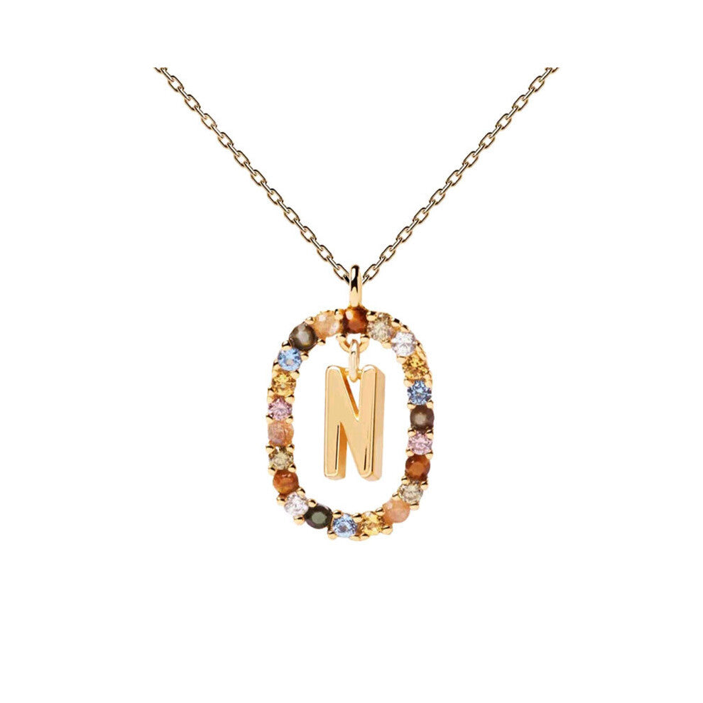 (N) Spanish letter necklace for women, European and American fashion, light luxury, high-end feel, versatile collarbone chain, colored zircon pendant