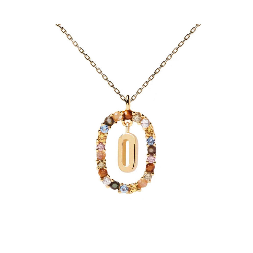 (O) Spanish letter necklace for women, European and American fashion, light luxury, high-end feel, versatile collarbone chain, colored zircon pendant
