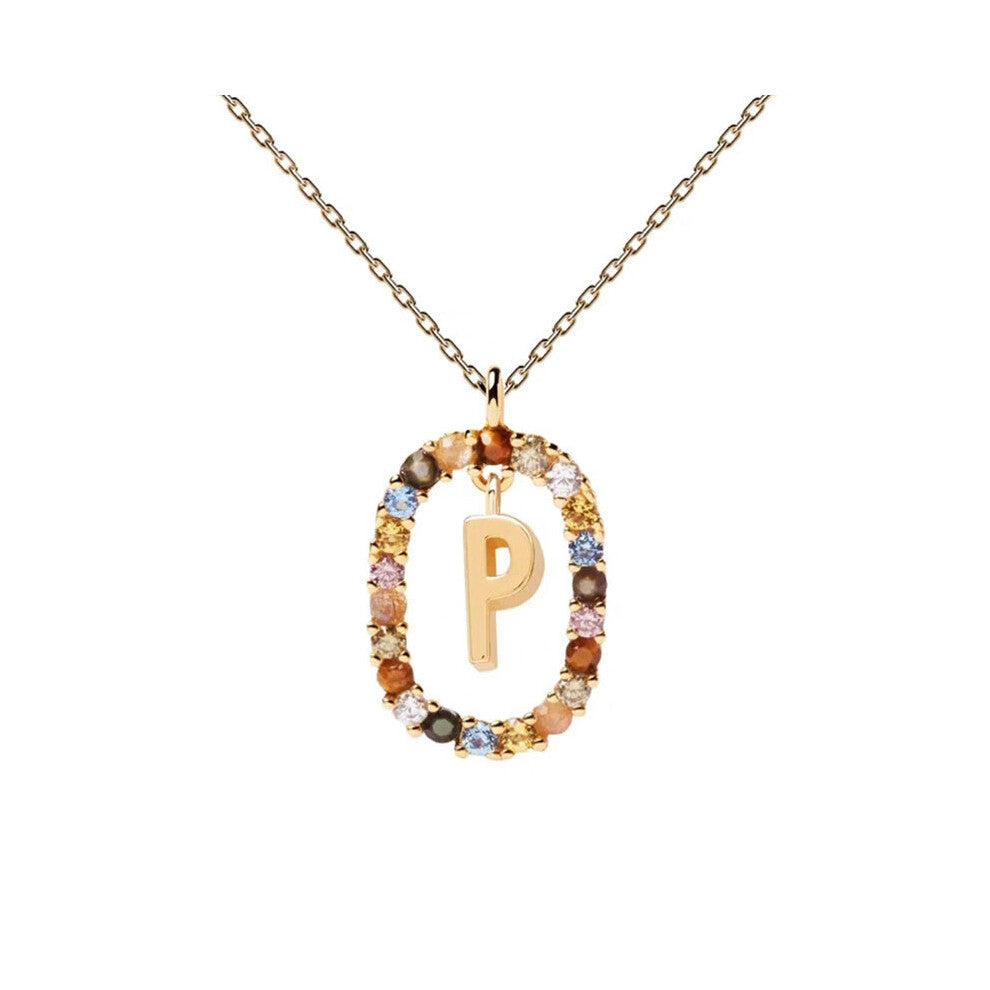 (P) Spanish letter necklace for women, European and American fashion, light luxury, high-end feel, versatile collarbone chain, colored zircon pendant