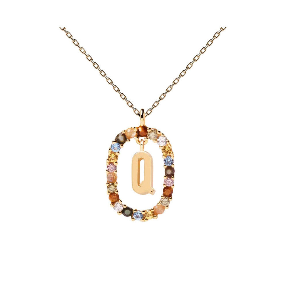 (Q) Spanish letter necklace for women, European and American fashion, light luxury, high-end feel, versatile collarbone chain, colored zircon pendant