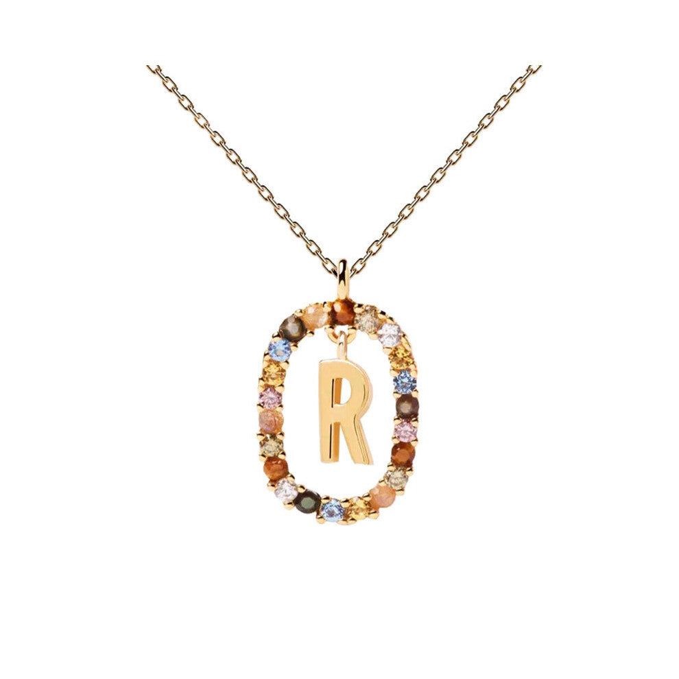 (R) Spanish letter necklace for women, European and American fashion, light luxury, high-end feel, versatile collarbone chain, colored zircon pendant