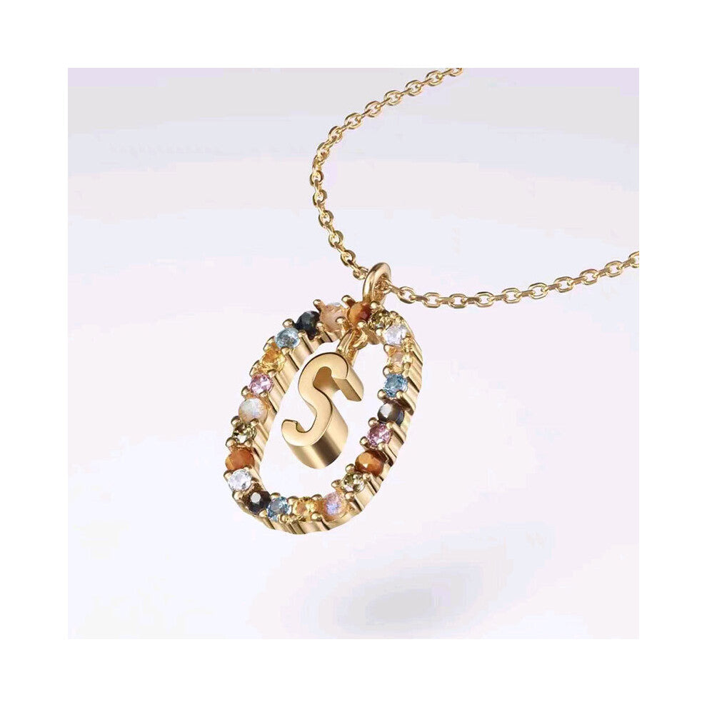 (S) Spanish letter necklace for women, European and American fashion, light luxury, high-end feel, versatile collarbone chain, colored zircon pendant