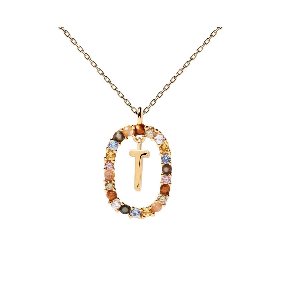 (T) Spanish letter necklace for women, European and American fashion, light luxury, high-end feel, versatile collarbone chain, colored zircon pendant