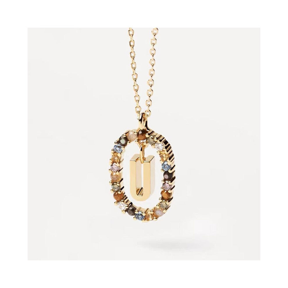(U) Spanish letter necklace for women, European and American fashion, light luxury, high-end feel, versatile collarbone chain, colored zircon pendant
