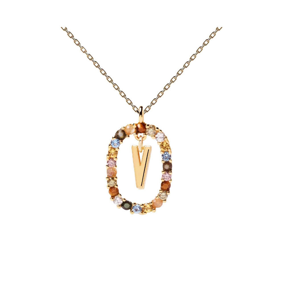 (V) Spanish letter necklace for women, European and American fashion, light luxury, high-end feel, versatile collarbone chain, colored zircon pendant