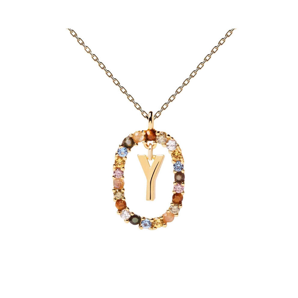 (Y) Spanish letter necklace for women, European and American fashion, light luxury, high-end feel, versatile collarbone chain, colored zircon pendant