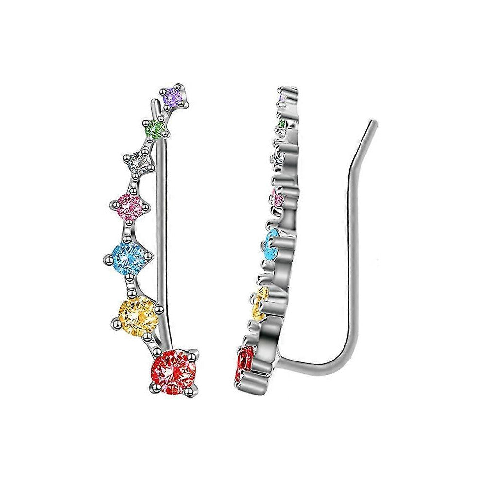 (As show, One size) Kongque 7 Crystals Ear Cuffs Hoop Climber S925 Sterling Silver Earrings Hypoallergenic Earring