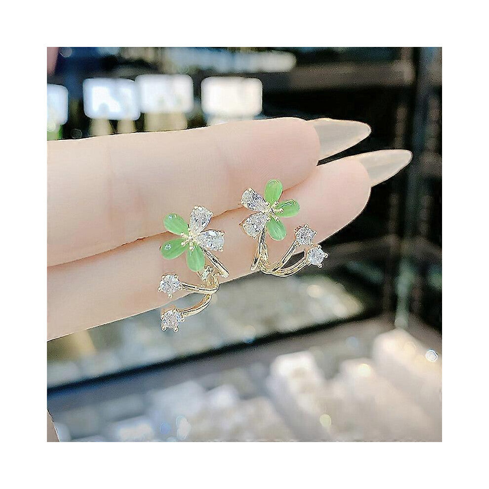 (As show, One size) S925 silver pin green cat&#39;s eye earrings for women with zirconia studs temperament green flower petal earrings