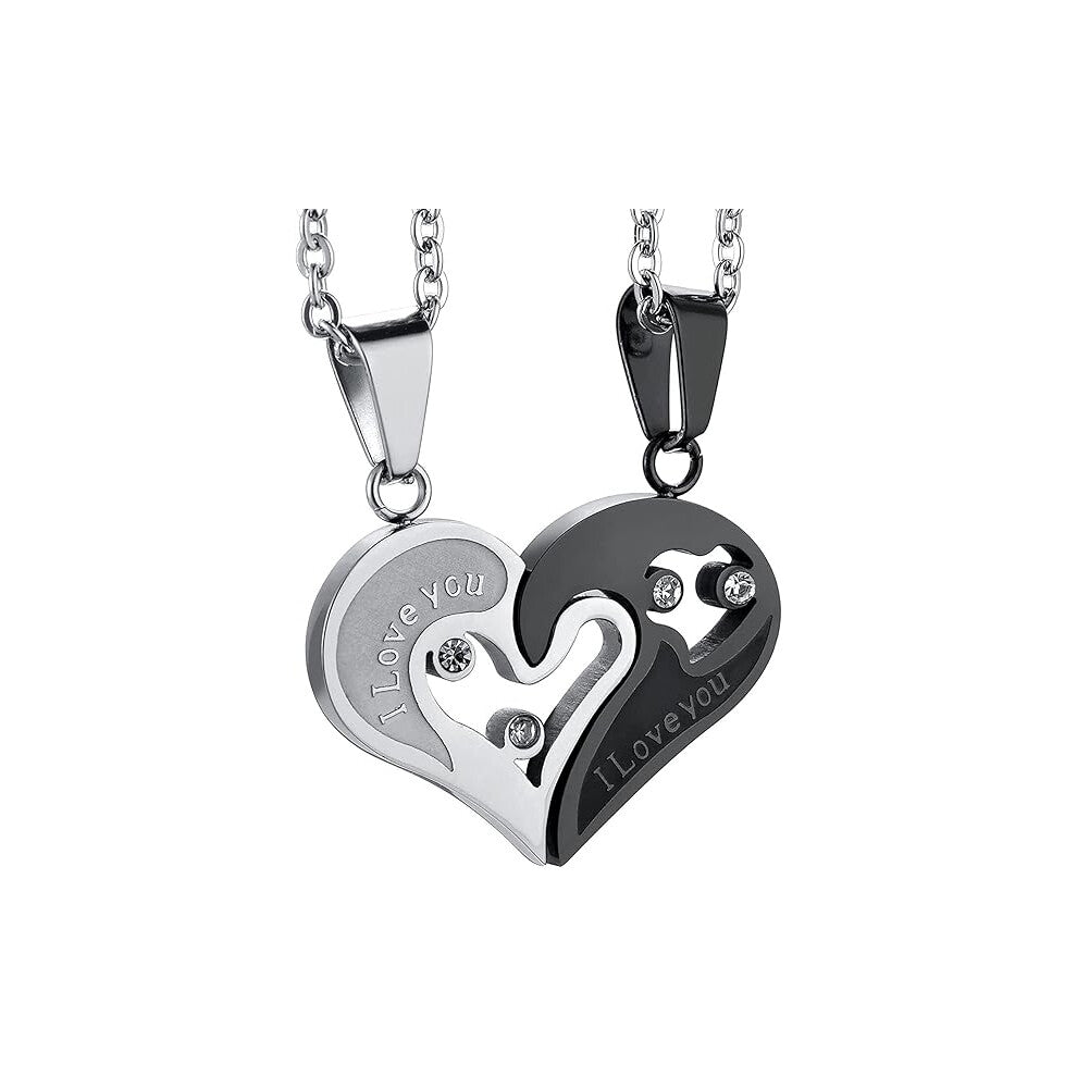 2 Pcs Couple Necklace Lovers Heart Puzzle Necklace Stainless Steel for Men and Women Pendant Necklace Black Silver Color-Gold Silver 56 Chain Length