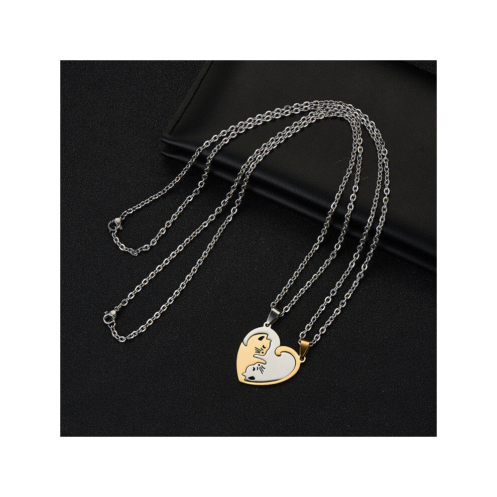 2PCS Jewelry Pendant Necklace Puzzle Heart Separable Detachable Cat Stainless Steel Friendship Lovers Couple with 2 Chains