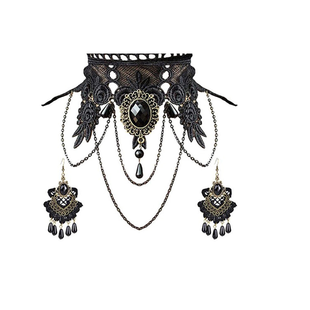 Black Lace Necklace Long Fingerless Gloves and Pendant Earrings Set for Women Halloween Steampunk Wedding Party Mascarade Costume Jewelry Sets
