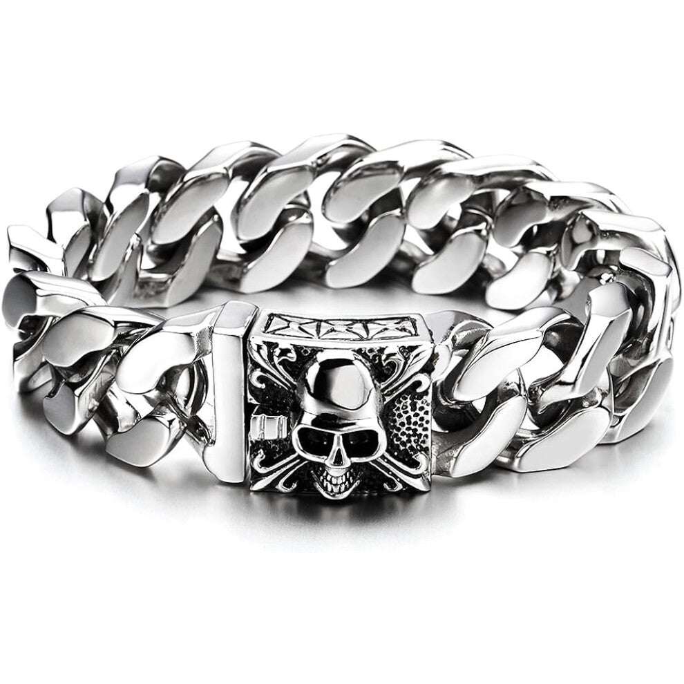 Homme Grand Acier Inoxydable Chaîne Gourmette Bracelet AVCE Fleur de Lis et Crâne, Gothique Biker