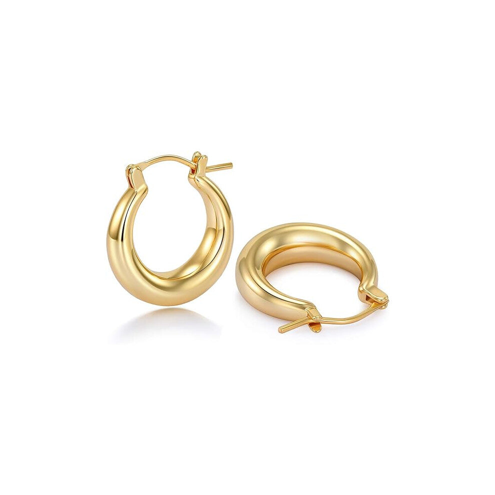 Chunky Gold Hoop Earrings for Women with 925 Sterling Silver Post, 14K Gold Plated Small Thick Gold Hoops Earrings for Women