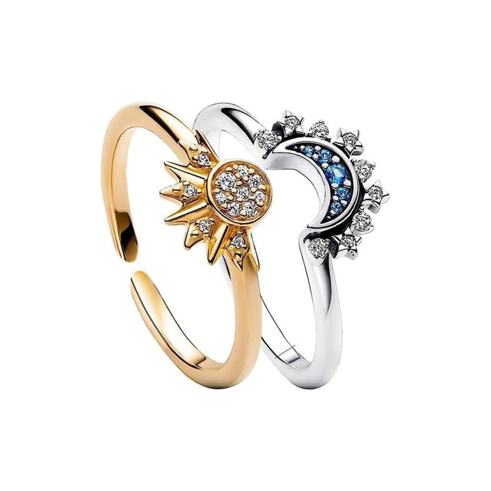 2Pcs Glittering Sun Moon Pattern Rings Adjustable Gold Plated Silver Ring Promise Couple Anxiety Ring Adjustable Fidget Rings for Women Gift