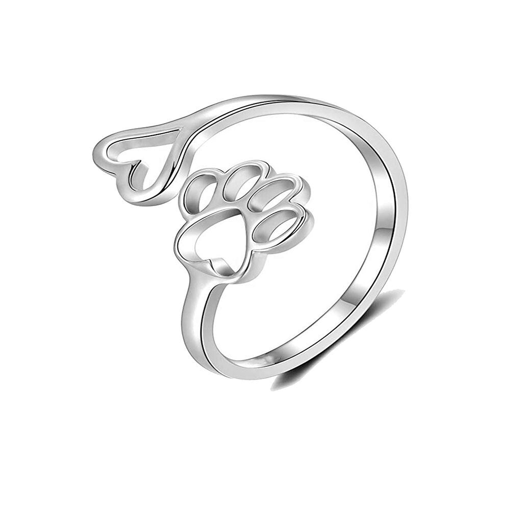 Sterling Ring for Women Girls Pet Lovers Openwork Heart Paw Animal Jewelry Creative Gift Adjustable Open Ring