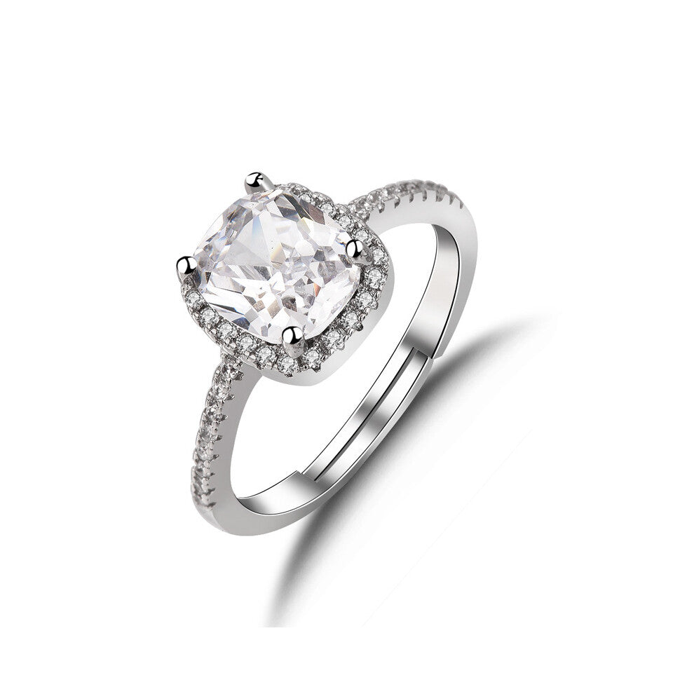 Women's Wedding Band Engagement Ring, Cushion Cubic Zirconia in Silver