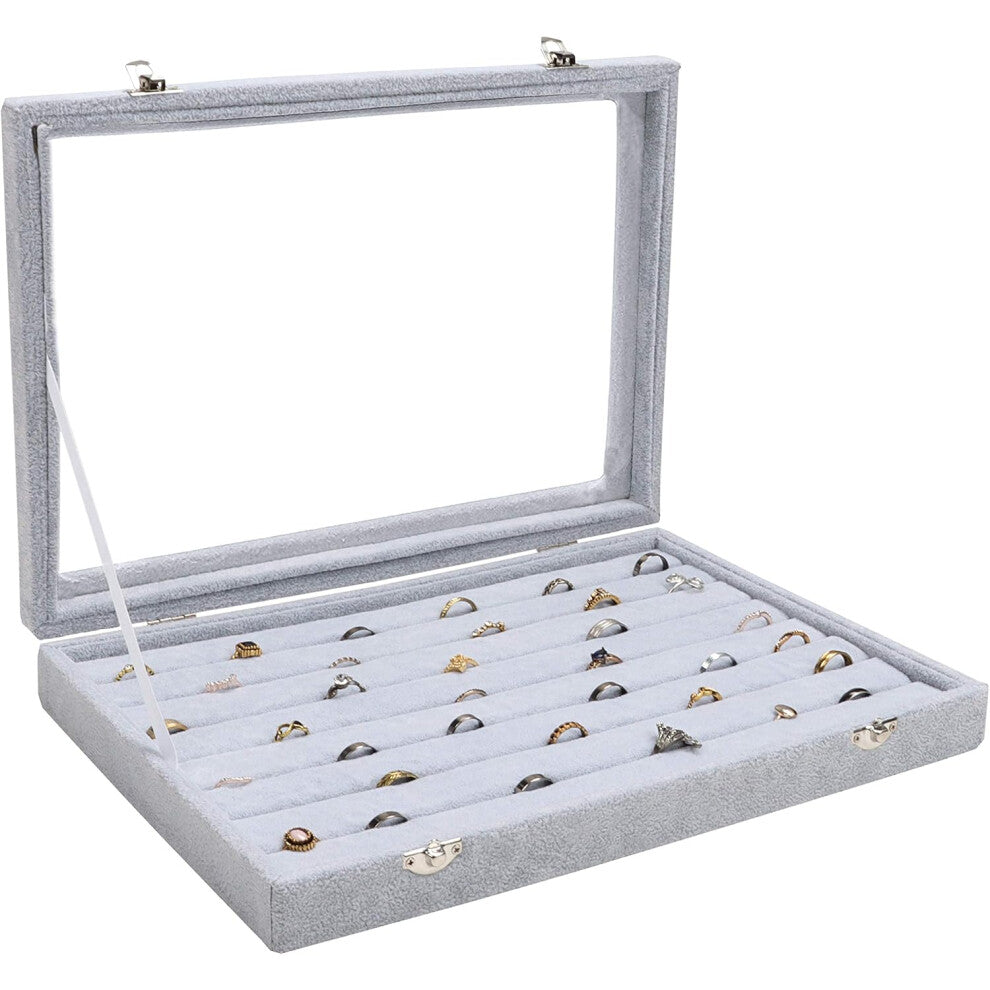 Gray Glass Ring Storage Box with 7 Sections and Lid - Jewelery Display with Clear Glass Window for Rings, Earrings and Cufflinks