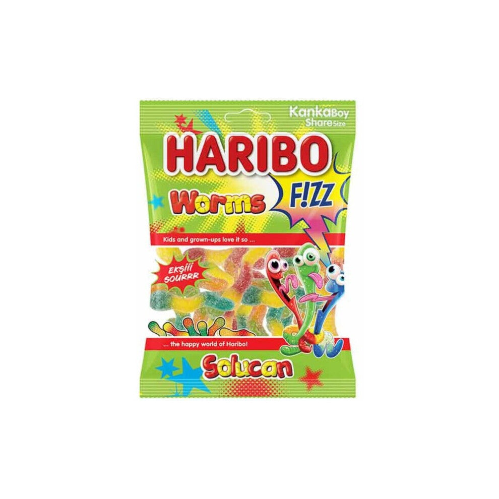 HARIBO Worms Fizz,Fruit Flavour Jelly Candy 24 x 80g