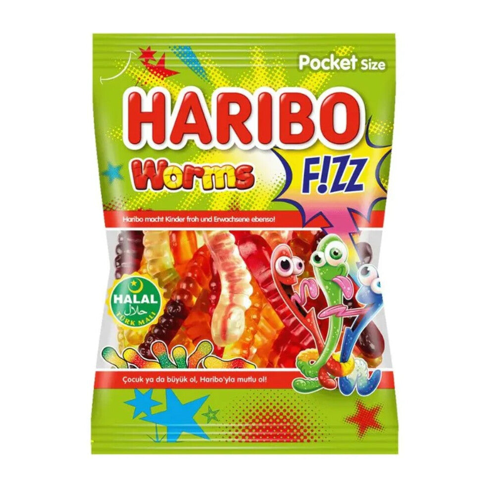 HARIBO Worms Fizz,Fruit Flavour Jelly Candy 18 x 80g