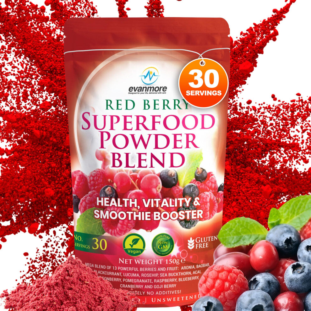 Red Berry Superfood Powder Blend - Evanmore Super Complete Reds Mix Vegan & Vegetarian Friendly Smoothie Juice Health Vitality Booster Supplement -