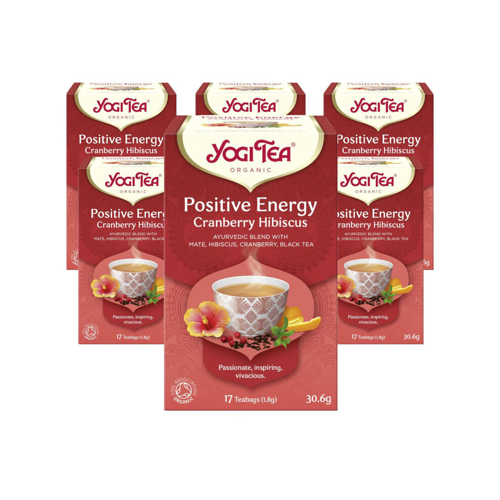 Yogi Tea, Cranberry Hibiscus, Organic Herbal Tea, Positive Energy, Blend of Mate, Hibiscus, Cranberry and Black Tea, 6 Packs x 17 Tea Bags (102